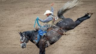 Cash Wilson from Wall, South Dakota rides Special Smoke during the Saddle Bronc Championship at the Calgary Stampede ahead of the 2024 edition of the event