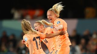 Stefanie Van Der Gragt of Netherlands celebrates after scoring ahead of the Spain vs Netherlands Women&#039;s World Cup 2023 quarter-final.