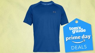 Blue Under Armour Tech 2.0 t-shirt against green background with Prime Day deal badge