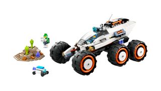 a six-wheeled lego moon rover is seen against a white background