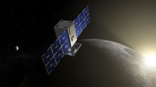 illustration of a small cubical spacecraft with blue solar wings in orbit around the moon