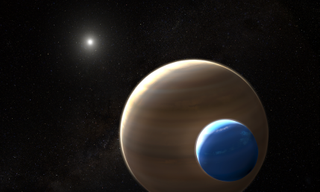 An artist's depiction of a star, an exoplanet and an exomoon.