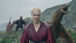 Rhaenyra Targaryen (Emma D'Arcy) flanked by dragons in "House of the Dragon" season 2 episode 7