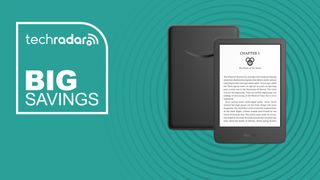 An Amazon Kindle on a blue background with text saying Big Savings next to it.