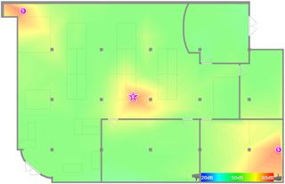 Signal strength went down a bit overall when the Eero router unit was placed between the Eero satellite units. Credit: Purch Labs