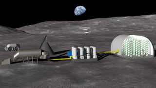 an illustration of building on the surface of the moon, inside of which are farms growing plants