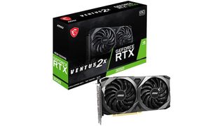 MSI RTX 3050 ved siden af æsken på en hvid baggrund.