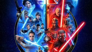 Image showing the Jedi/the light side on right left in blue and the Sith/the dark side on the right in red.