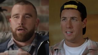 Travis Kelce playing video games on SNL and Adam Sandler makes a face of confused upset in Happy Gilmore, pictured side by side.