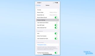 A screenshot of the iPhone camera settings app, showing the Preserve Settings section