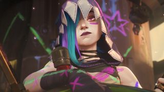 A hooded Jinx sits on a wooden throne in Arcane season 2