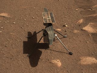 NASA's Mars Helicopter Ingenuity is seen on the surface of the Red Planet by the perseverance rover on April 5, 2021.