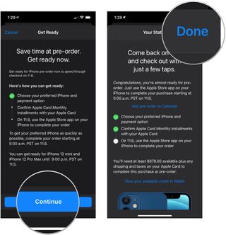 iPhone order pre-approval, showing how to tap Continue, then tap Done