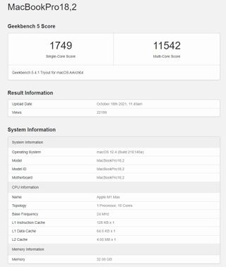 Alleged M1 Max Geekbench 5 test results