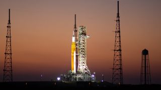 NASA's Artemis 1 Space Launch System moon rocket stands atop Launch Pad 39B at the Kennedy Space Center in Cape Canaveral, Florida during a fueling test on April 4, 2022.