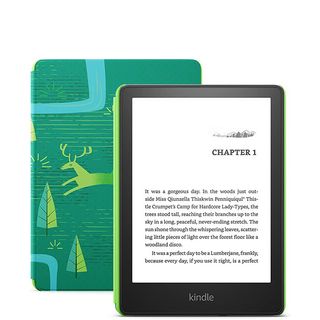 A product render of the Amazon Paperwhite Kindle Kids with emerald green cover