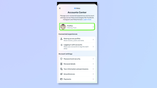 Screenshot of the Facebook app's Accounts Centre with a box highlighting the profile. 