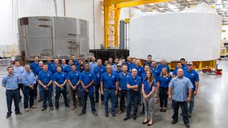 The first module of the central solenoid (right) being prepared for transportation with the General Atomics fabrication team.