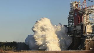 The core stage for the SLS rocket is pictured on the B-2 Test Stand at NASA's Stennis Space Center near Bay St. Louis, Mississippi, during a hot fire test on Jan. 16, 2021.