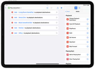 Screenshot showing the Play Everywhere shortcut and multiple instances of the Set Playback Destination action set to Add.