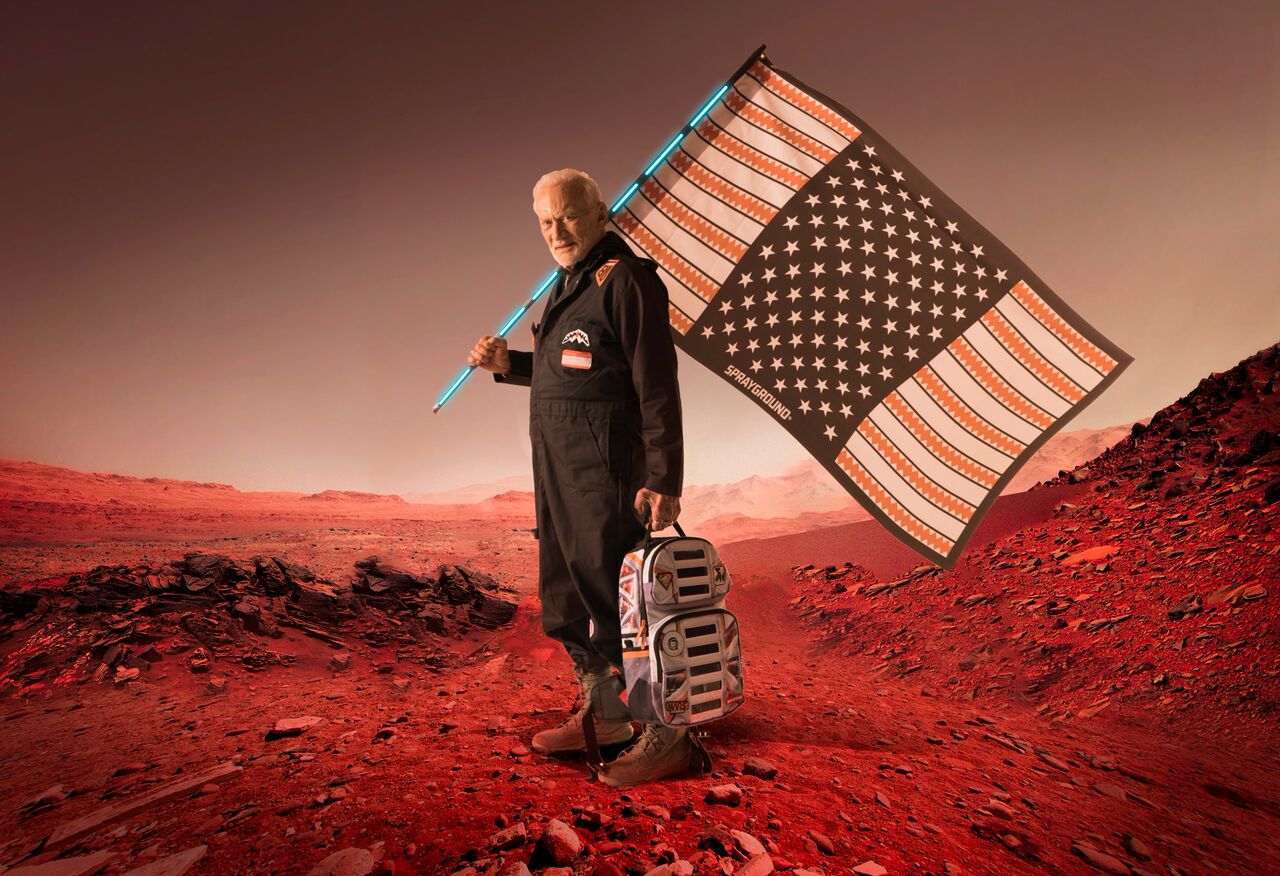 Buzz Aldrin and solar backpack