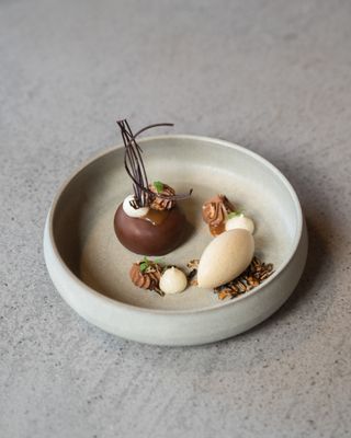 Valrhona chocolate malt and caramel dessert at Heron