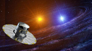 An illustration of a space telescope with a metallic disk around it. In the background, in space, there is a bright blue star and a bright orange star next to it.