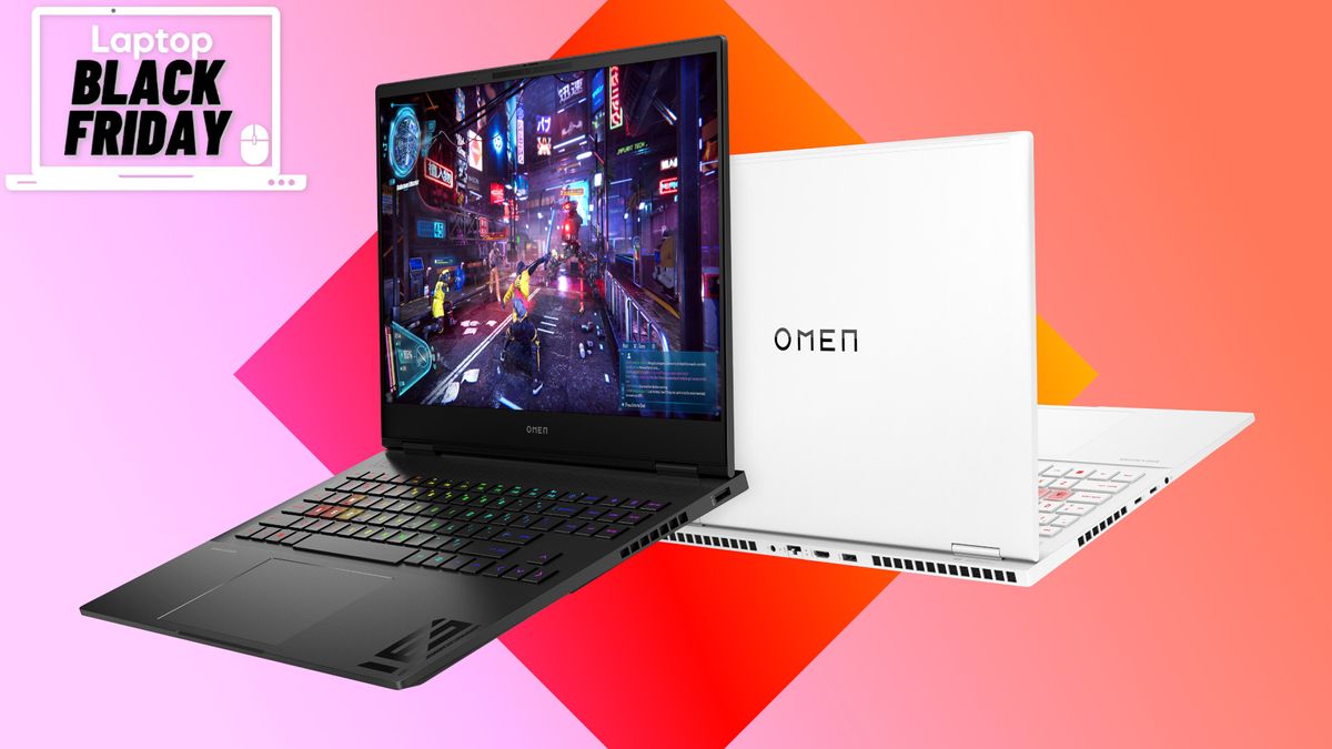 HP Omen laptops in front of the HP Omen logo on a gradient background with the Laptop Mag Black Friday deals badge in the top left of the image.