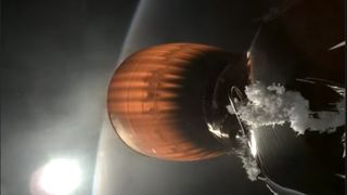 closeup of a rocket engine in space, glowing orange, with earth in the background. near the engine is a strange buildup of white material