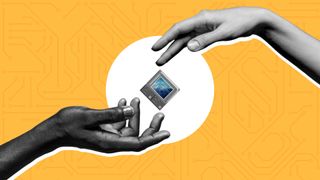 Photo illustration of two greyscale hands reaching toward an Intel Lunar Lake mobile SoC on a vibrant yellow background with a circuit board line art design - Image is a part of the Laptop Mag Silicon Survey 2025 special issue.