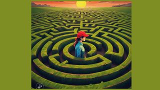 woman in a maze with sun in background