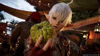 Alisaie admires an exotic green vegetable