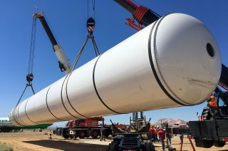 One of two solid rocket motors, seen here being offloaded in 2020 at the Mojave Air and Space Port, will be delivered to the California Science Center in Los Angeles on Wednesday, Oct. 11, 2023. The motors are part of the solid rocket boosters that will stand with the vertical display of shuttle Endeavour in the Samuel Oschin Air and Space Center.