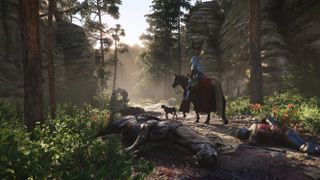 A cinematic shot showing a dead horse and its rider in Kingdom Come Deliverance 2.