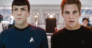 Zachary Quinto as Spock and Chris Pine as James T. Kirk in Star Trek (2009)