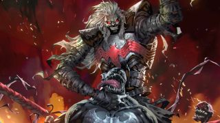 Knull, the King in Black. Knull is a menacing, tall creature with long white hair wearing a black leather body suit with a large red spider symbol on his chest. He is choking Venom, preparing to strike with his other hand.