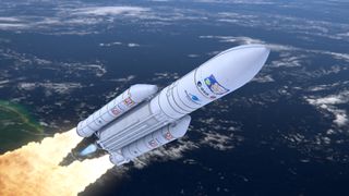 An artist's impression of Europe's Ariane 5 rocket blasting off with the Jupiter-bound JUICE spacecraft onboard.