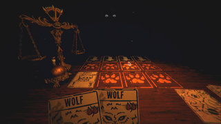 Inscryption screenshot showing the playing table, with two wolf cards held in hand. A set of gold scales to the left, and a pair of white eyes in the distance, against darkness.