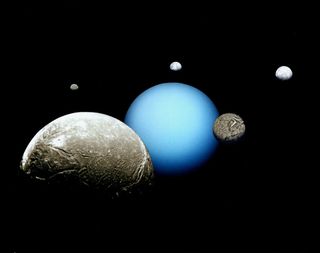 Uranus and its five major moons are depicted in this montage of images acquired by the Voyager 2 spacecraft. The moons, from largest to smallest as they appear here, are Ariel, Miranda, Titania, Oberon and Umbriel. 