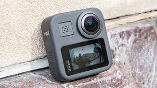 Image of the rear of a GoPro Max 360-degree action camera, including its screen