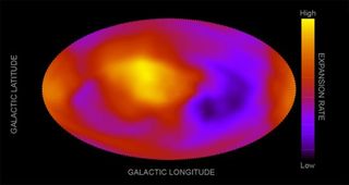 This graphic shows a map of the universe's expansion rates in different directions, estimated in a new study by Konstantinos Migkas and collaborators. The map is in galactic coordinates, with the center looking toward the center of our galaxy. The black and purple colors show the directions of the lowest expansion rates (the Hubble constant); yellow and red show the directions of the highest expansion rates.