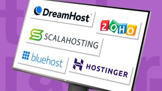 The best email hosting services: Dreamhost, Zoho, Scalahosting, Bluehost and Hostinger's logo on a desktop screen on a purple background