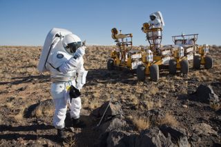 A would-be Mars astronaut takes part in an analog mission held in 2008 at Black Point Lava Flow in Arizona.