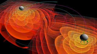 The gravitational waves emitted by two black holes as they spiral into each other, shown in a simulation.