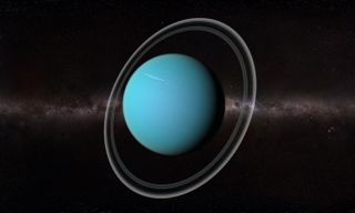 Graphic illustration of Uranus with a thin ring structure against a backdrop of stars. 