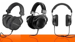 Beyerdynamic headphones in a row with an orange base