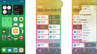 How to restart the HomePod in the Home app on the iPhone by showing steps: Launch the Home app, Tap the Ellipses, Tap the Room that includes your HomePod.