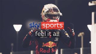 A Sky Sports logo in front of a Red Bull F1 racing driver.