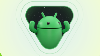 Android mascot in a triangle flexing his arms as an android 15 promo