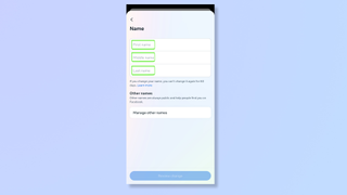 Screenshot of the Facebook app's name editing setting with a box highlighting First name, Middle name, and Last name. 